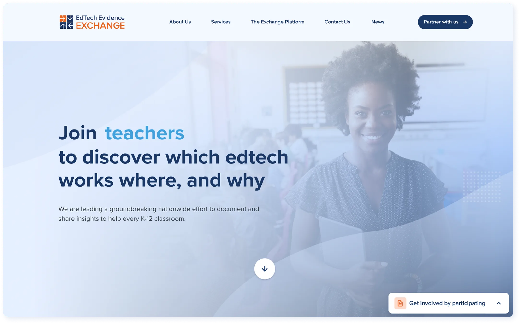 The EdTech Evidence Exchange home page: “Join teachers to discover which edtech works where, and why”, over a photo of a teacher in a classroom