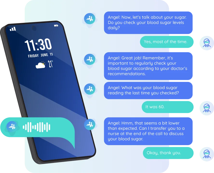 Una conversación de gestión de cuidado: la asistente Angel llama al paciente a su teléfono y hace el seguimiento por chat sobre sus niveles de azúcar en sangre
