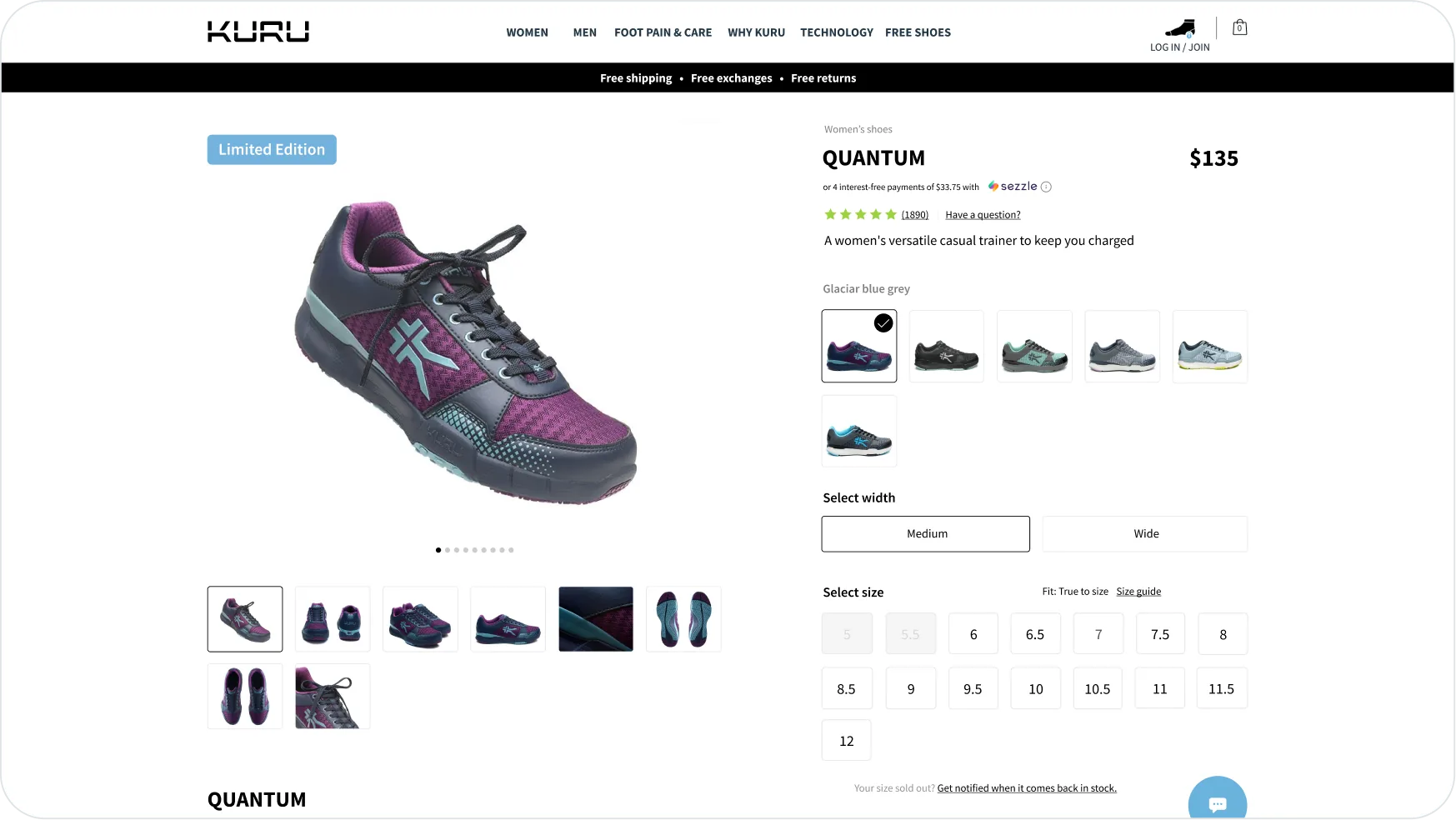 The optimized KURU product page: the Quantum sneaker gallery with a Limited Edition badge, colour swatches, and width and size selectors