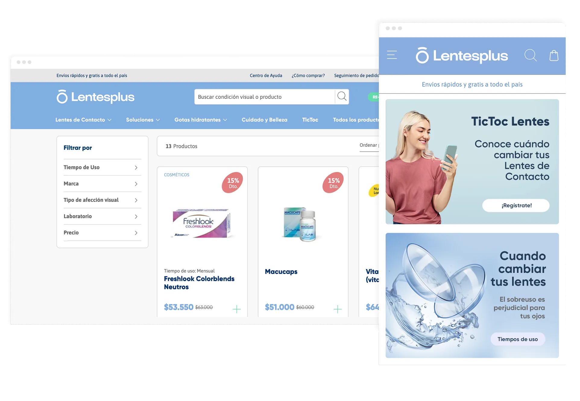 The Lentesplus catalogue on desktop, with filters by wear time, brand, vision condition, laboratory and price, next to a mobile view of the promotional banners