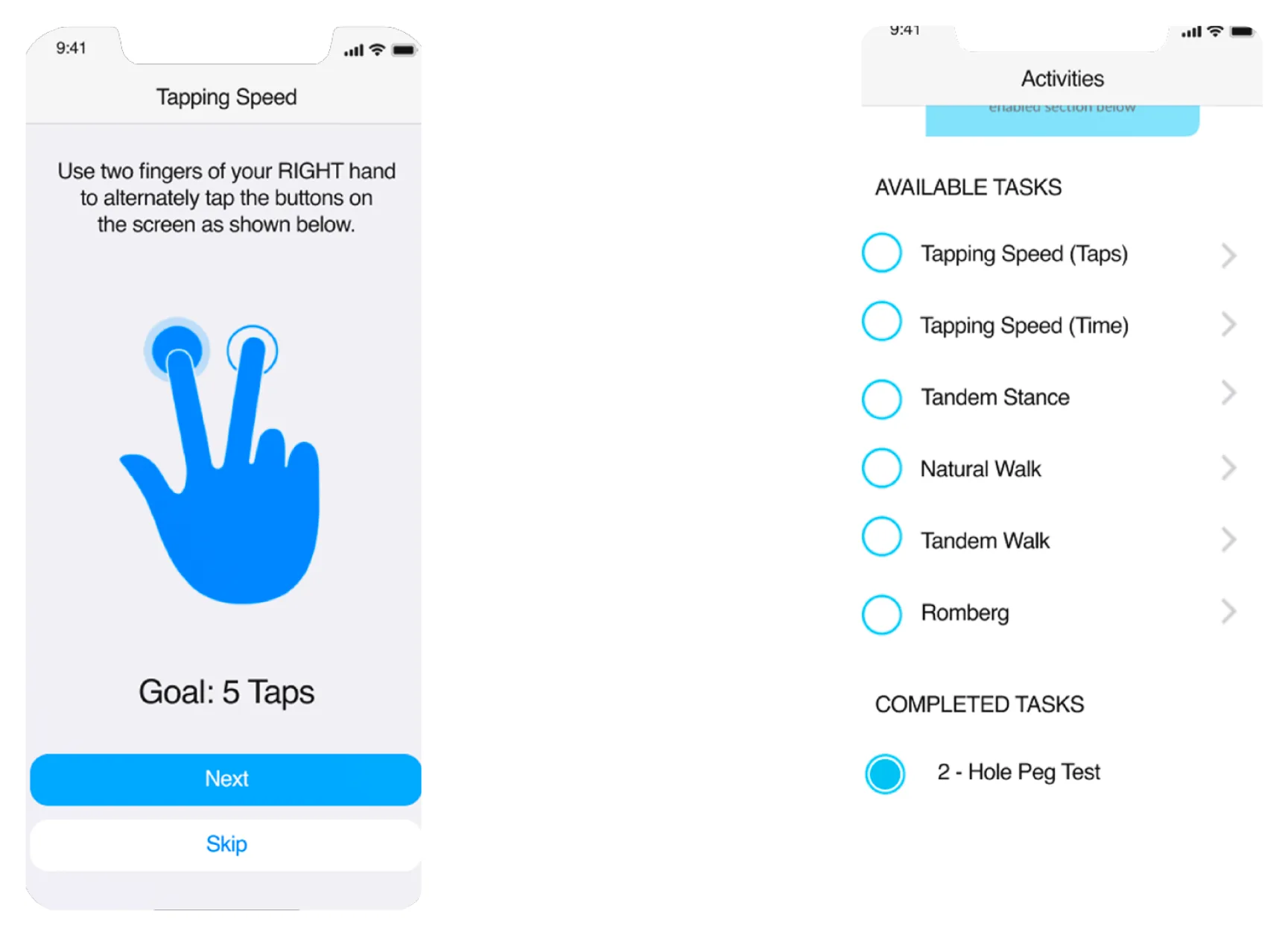 Dos pantallas de la app una al lado de la otra: la actividad de velocidad de toques con su objetivo y la ilustración de la mano, y la lista de actividades con las tareas disponibles y las completadas