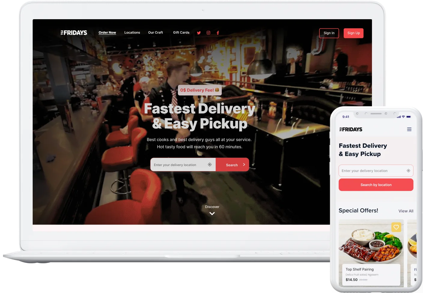 El sitio de delivery de TGI Fridays en laptop y teléfono: el hero “Fastest Delivery & Easy Pickup” con la búsqueda por ubicación, y la lista de ofertas especiales en mobile