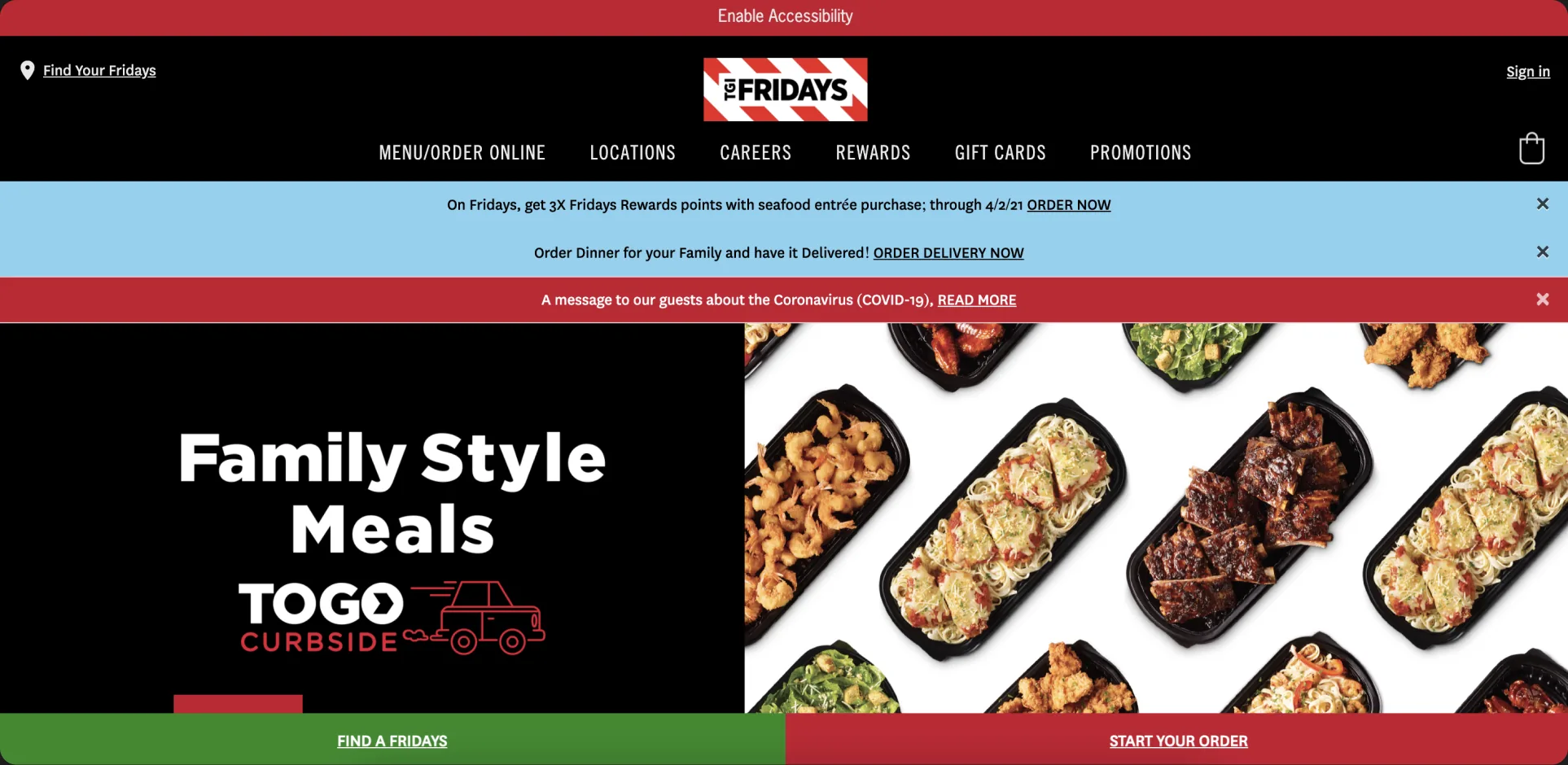 El tgifridays.com rediseñado, con la barra de accesibilidad, los banners promocionales y el hero de Family Style Meals